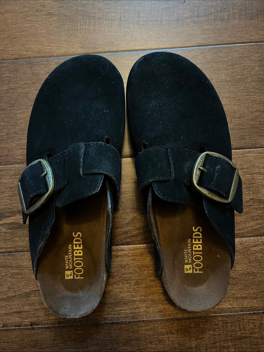 White Mountain Black Suede Buckle Clogs